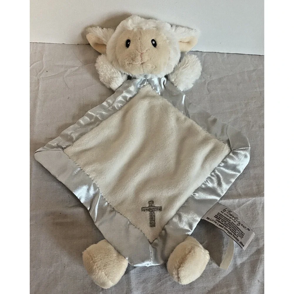 B Boutique White Lamb Lovey with Cross Baby Security Blanket Plush Toy Satin